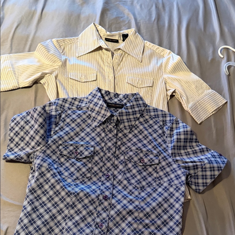 New York & Company Blue Plaid & Cream Striped Button-Down Tops (2)